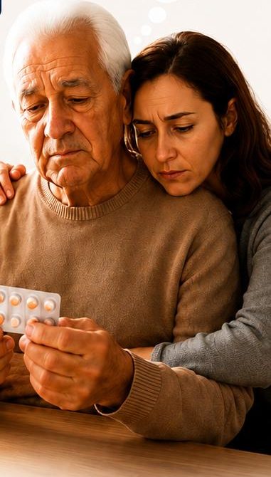 Hija abrazando a su padre mientras él mira su caja de pastillas
